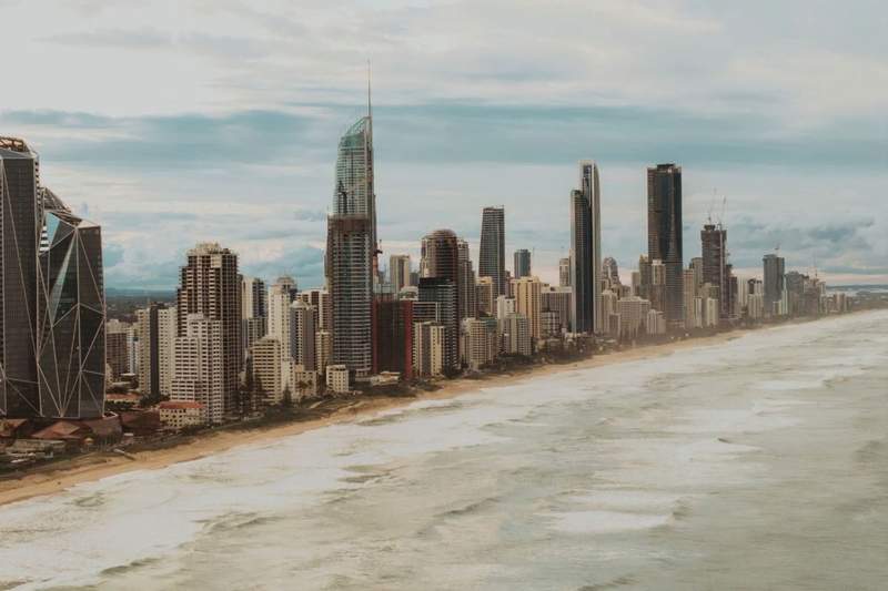 Aerial view of the Gold Coast's beaches curling south along the coastline
