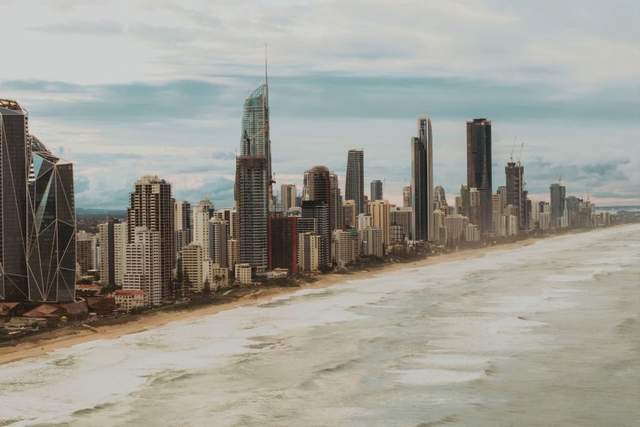 Aerial view of the Gold Coast's beaches curling south along the coastline