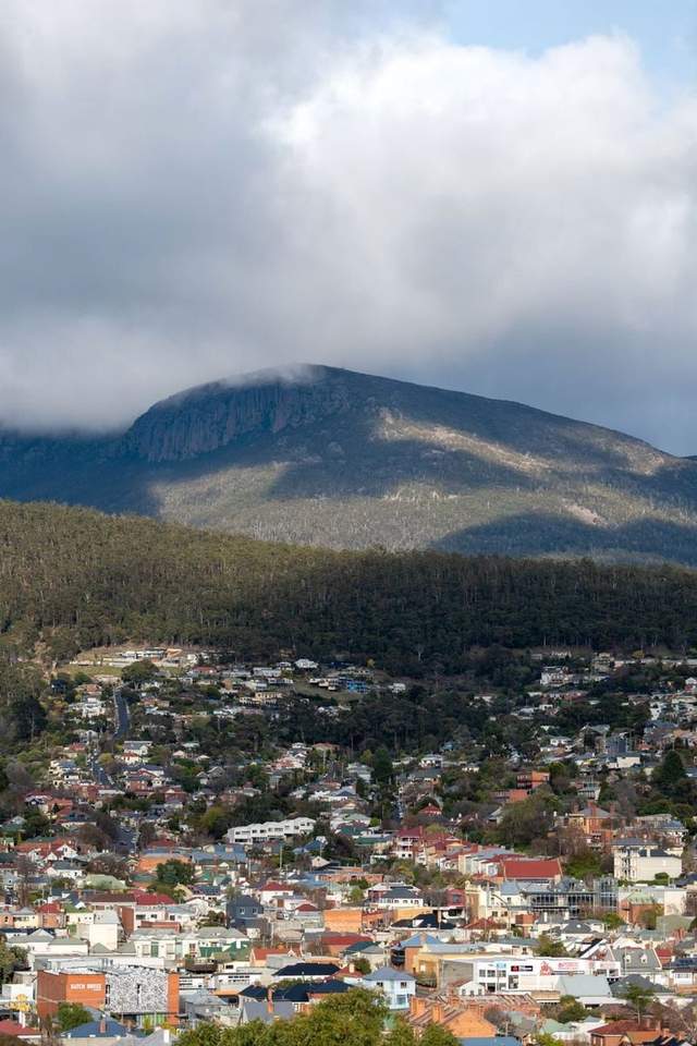 kunanyi/Mt Wellington rising behind Hobart